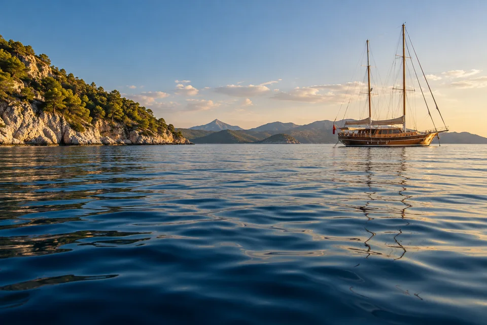 Gulet at anchor on calm blue water